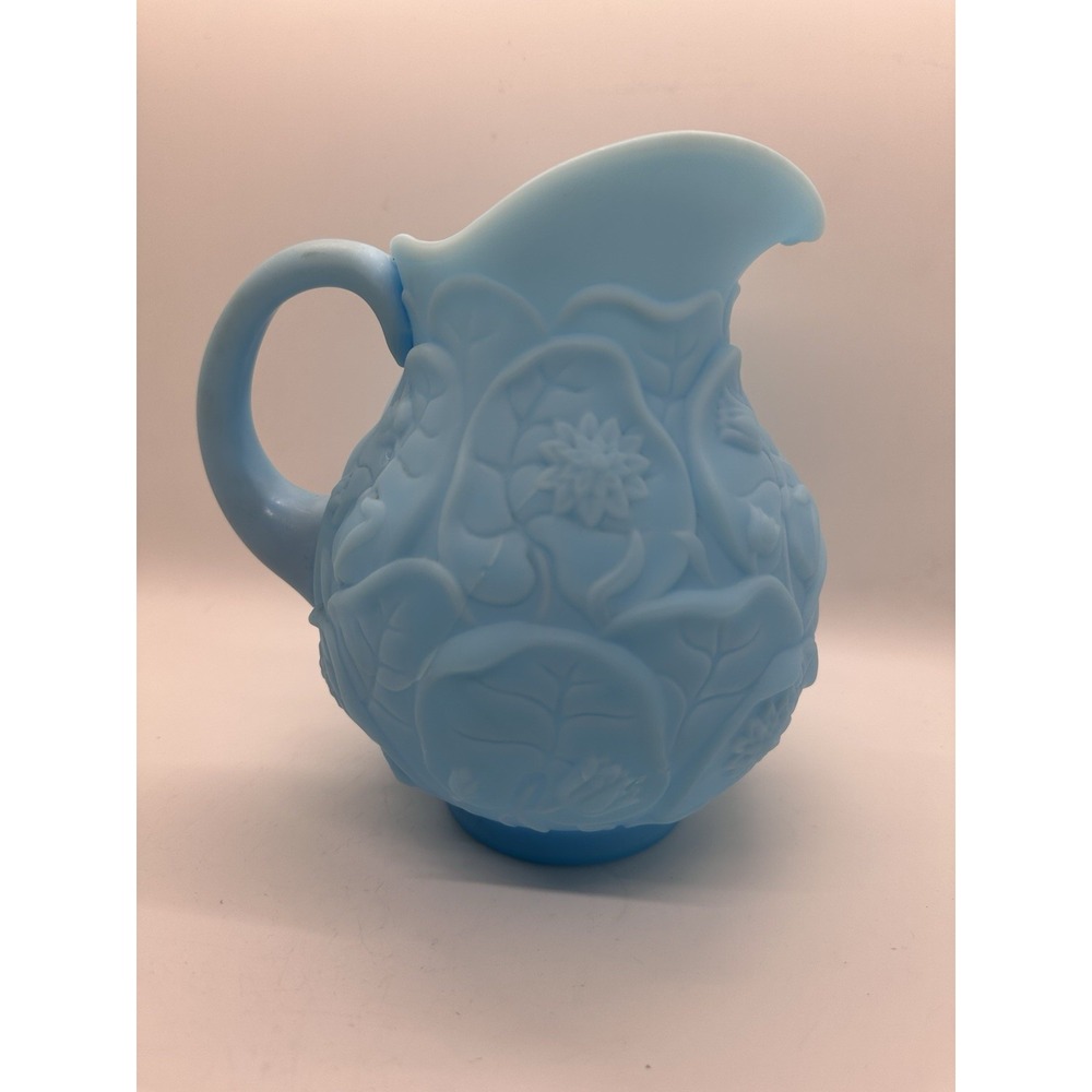 Vintage Fenton Blue Satin Glass Water Lily Pattern Pitcher
